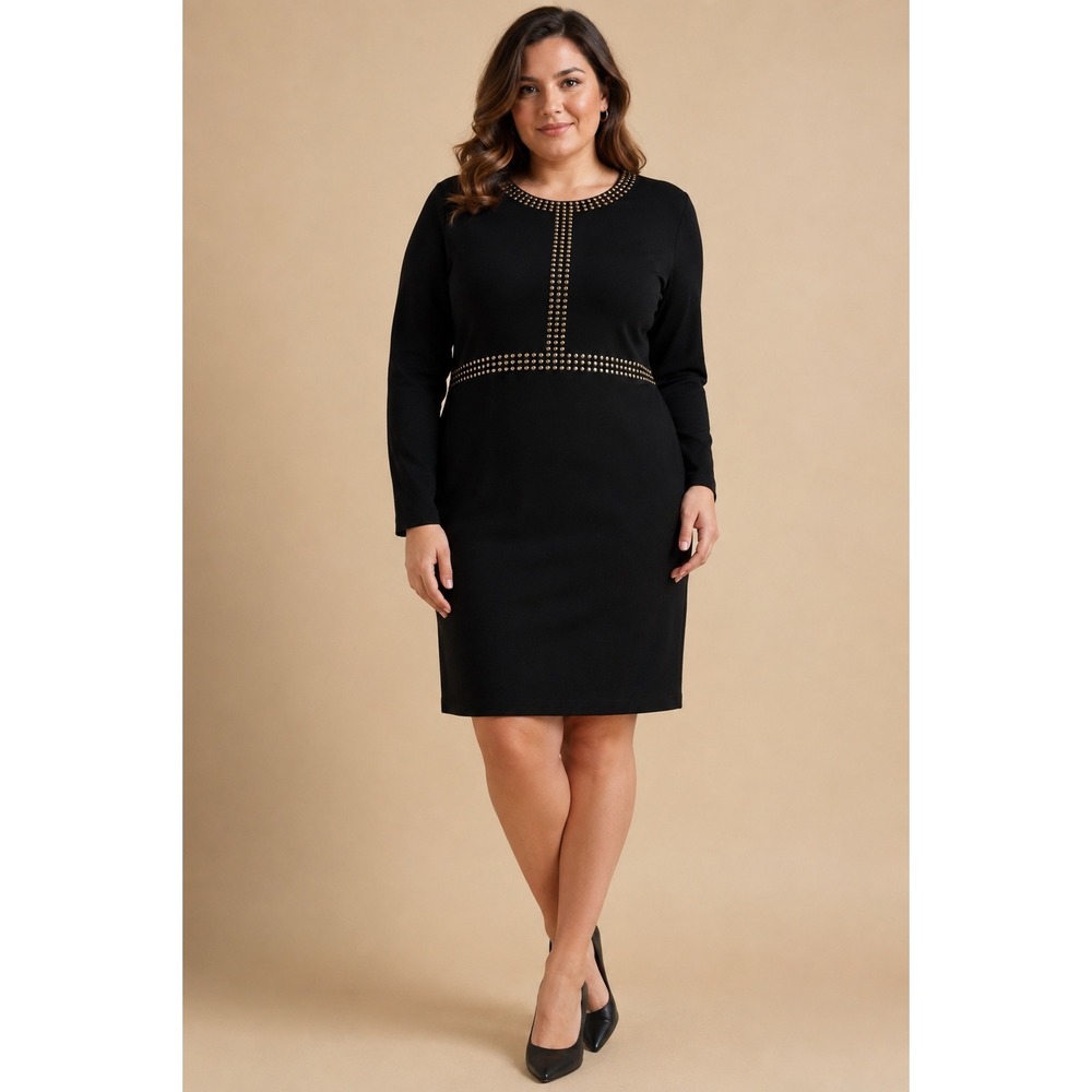 Misook Black Studded Shift Dress Gold Stud Embellished Long Sleeve Size 0X Plus